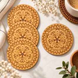 Four unpainted round MDF coaster blanks with matching floral designs