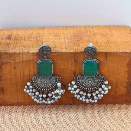 Maithreyi Teal Jhumka Earrings with Pearl Hangings - Image 3