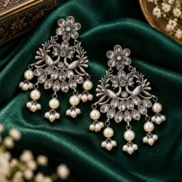 Peacock Chandelier Earrings with Floral and Pearl-Look Details