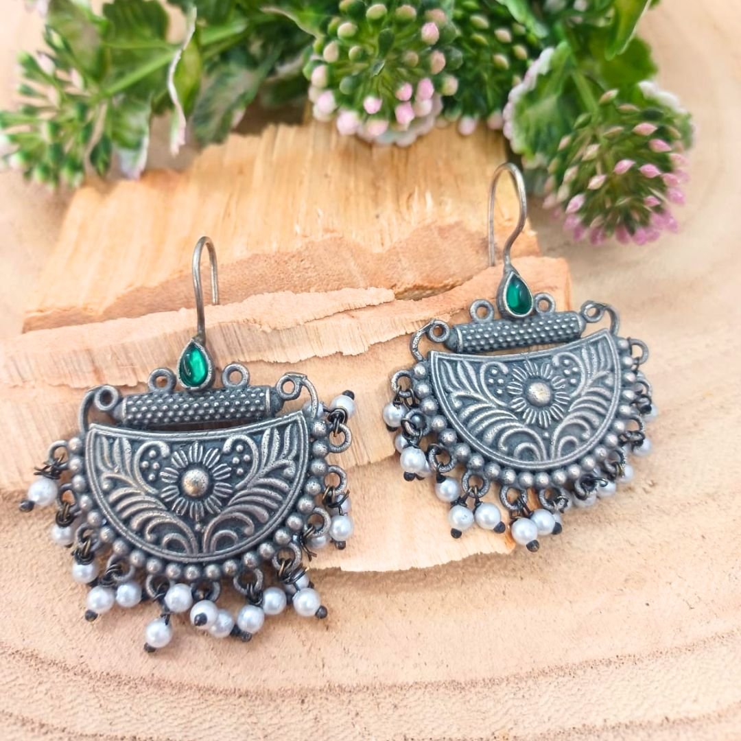 Riya Green Stone Semi Circle Earrings - Image 2