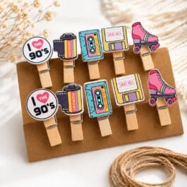 90’s Theme Mini Wooden Decorative Clips Set of 10 Retro Photo & Memo Pegs