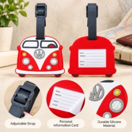 Red Camper Van Silicone Luggage Tag with Adjustable Strap and ID Card