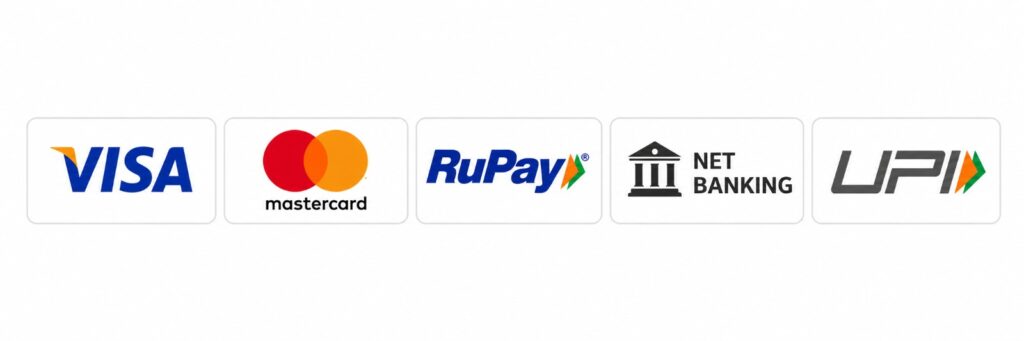 Accepted payment methods including Visa, Mastercard, RuPay, Net Banking, and UPI