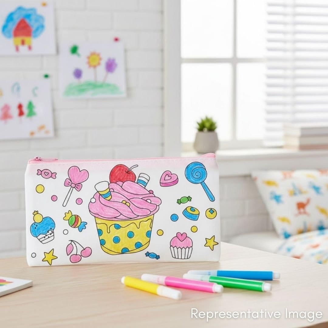 Kids DIY fabric pencil case colouring activity