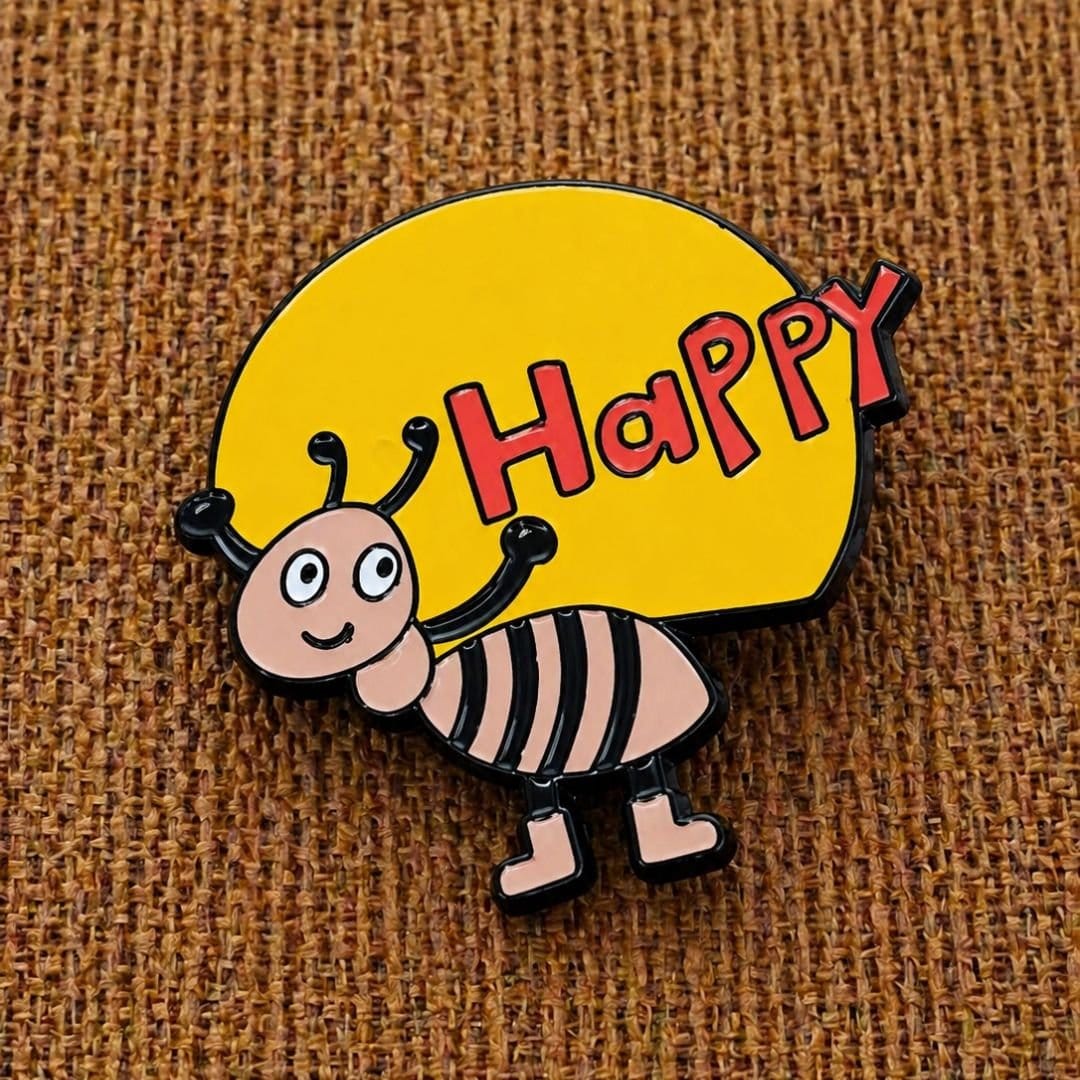 Bee Happy cute enamel lapel pin with yellow balloon and red Happy text on canvas background