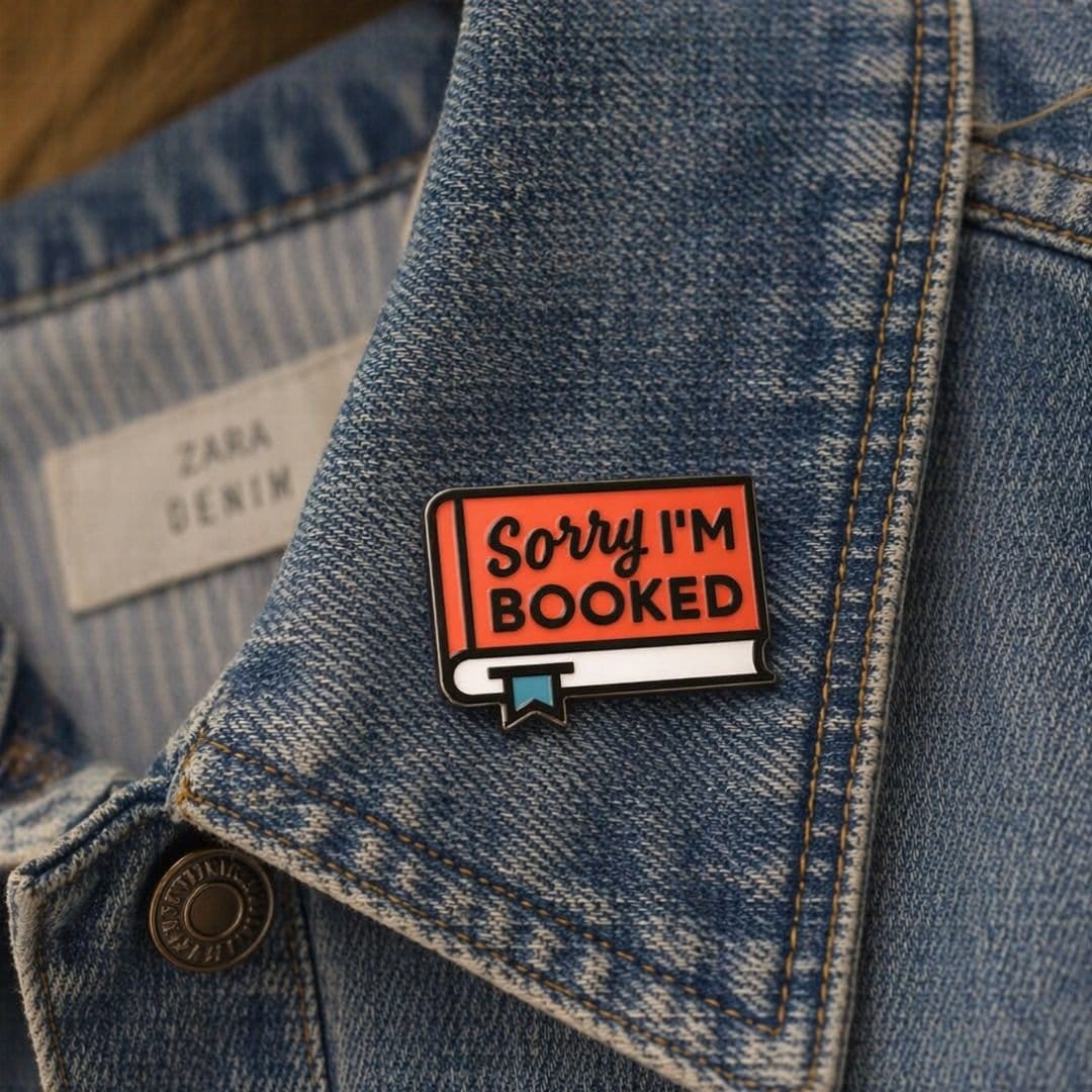 Sorry I'm Booked enamel pin with orange book-inspired design on denim jacket