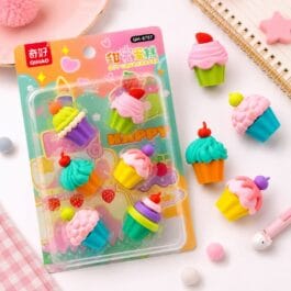 Set of 6 cupcake shaped erasers on white plate showing realistic cupcake design compared to actual eraser function with bright colours
