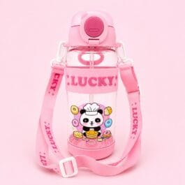 Lucky pink kids water bottle 500ml with panda chef design on pink background