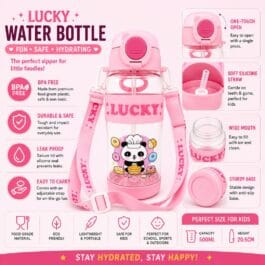 Lucky Kids Water Bottle 500ml Pink – BPA Free Sipper with Straw