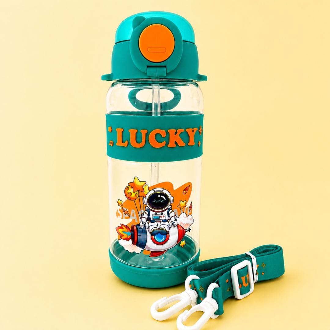 Lucky teal kids water bottle 500ml with astronaut rocket design and orange accents