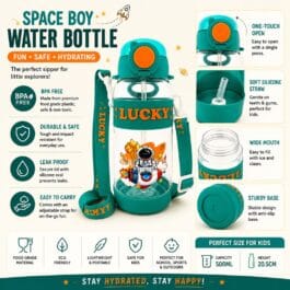 Lucky Space Boy Water Bottle 500ml Teal – Kids BPA Free Sipper