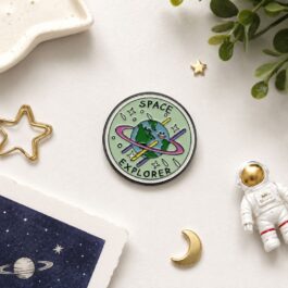 Space Explorer enamel pin featuring astronaut artwork with vibrant cosmic details for backpacks and jackets