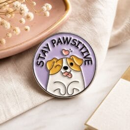 Stay Pawsitive dog lover enamel pin flat lay lifestyle shot with dried flowers and linen