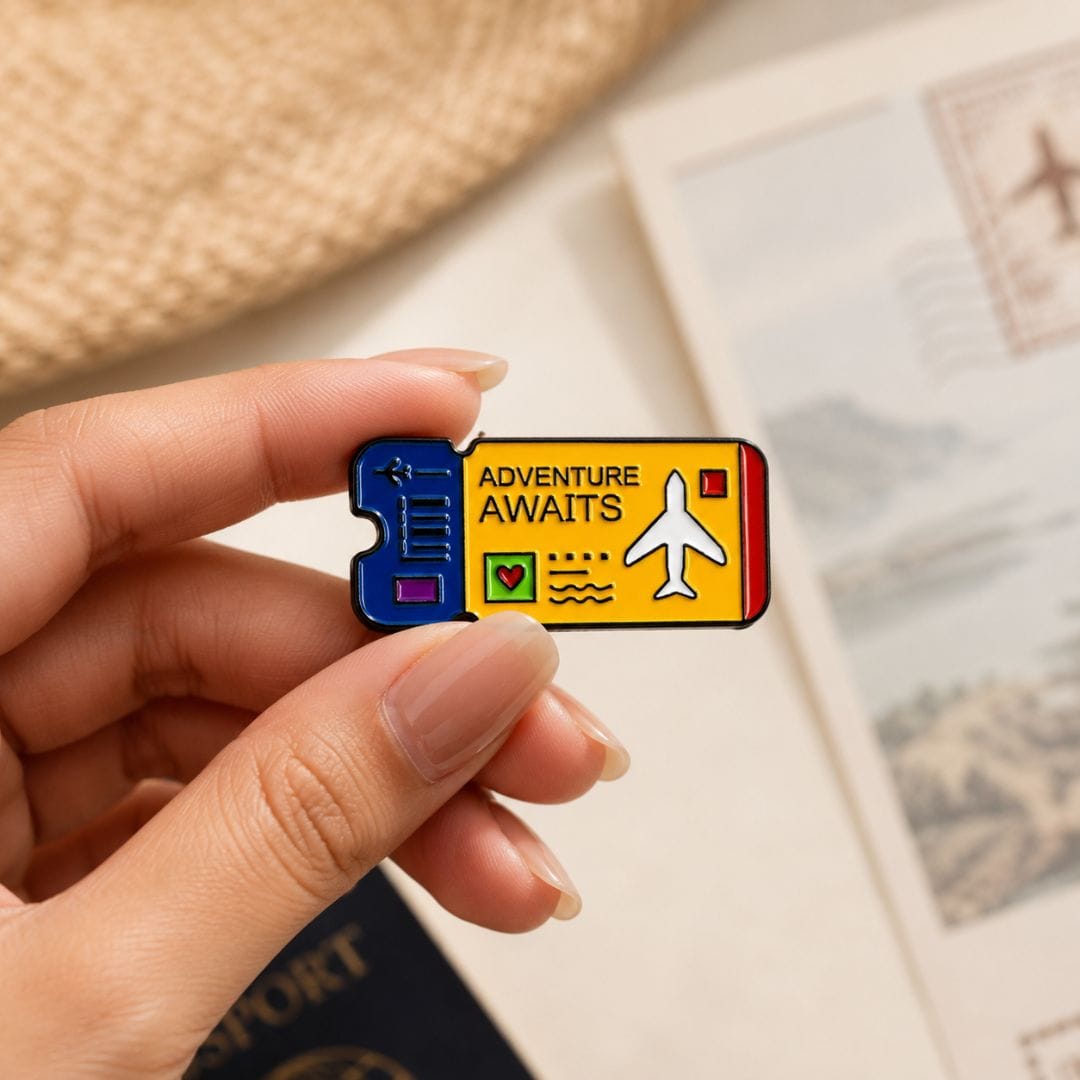 Adventure Awaits travel ticket hard enamel pin