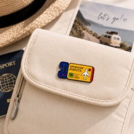 Adventure Awaits Travel Enamel Pin – Ticket Style Lapel Badge