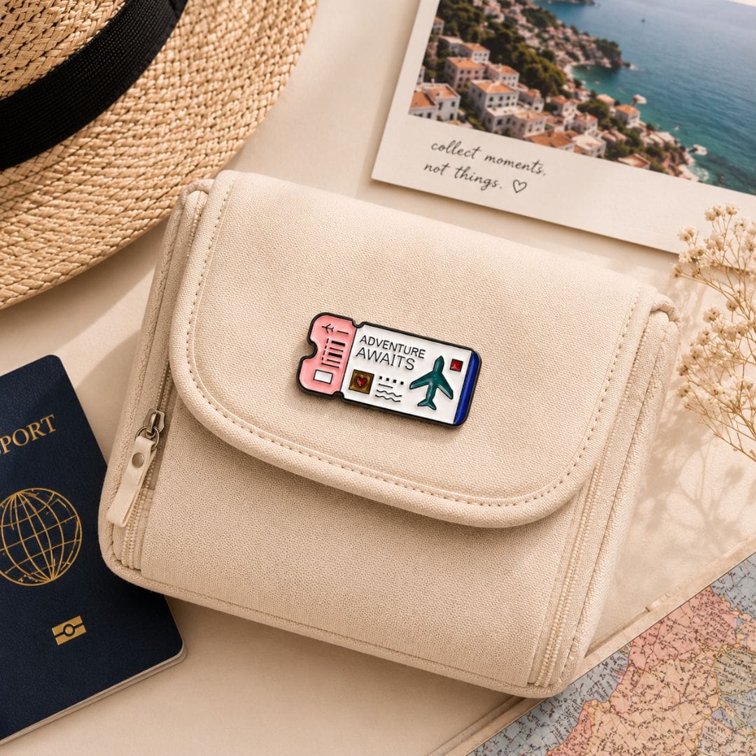 Adventure Awaits white travel ticket enamel pin on travel pouch