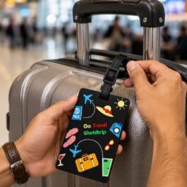 Go Travel Worldtrip silicone luggage tag with colorful travel icons and adjustable buckle strap