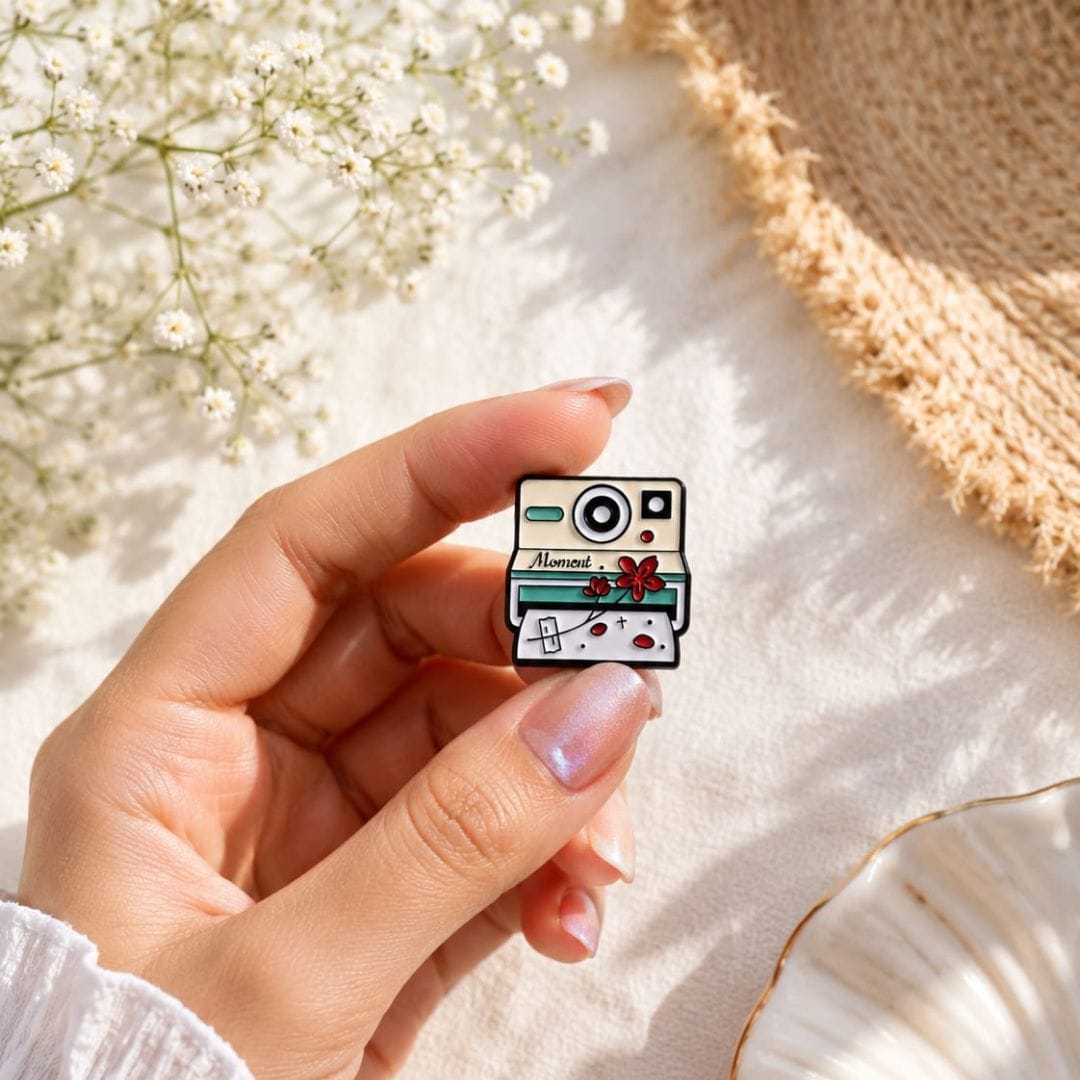 Vintage Instant Camera Enamel Pin with floral photo design decorative metal lapel brooch for jackets backpacks tote bags hats photography lovers and collectors