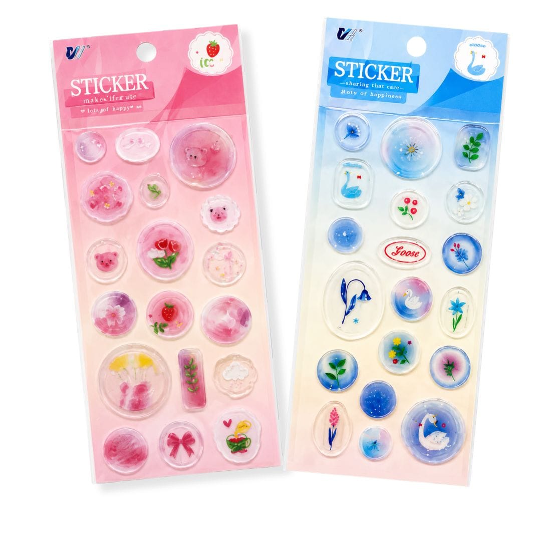 Set of 2 Puffy 3D Bubble Stickers Pink Bear Blue Goose