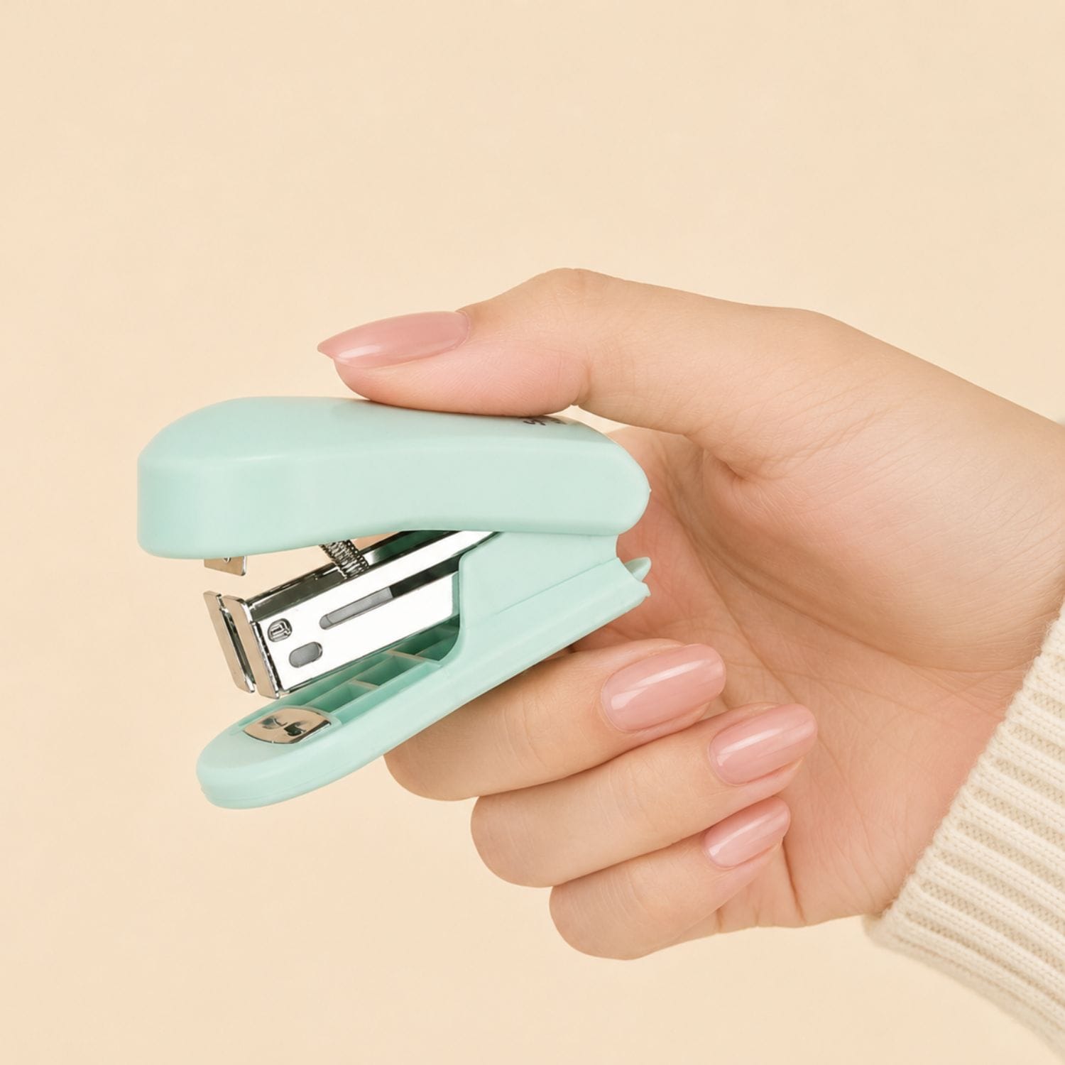 Mini teal stapler with a strong metal stapling mechanism designed for everyday paperwork assignments planners notebooks journals and creative craft projects.