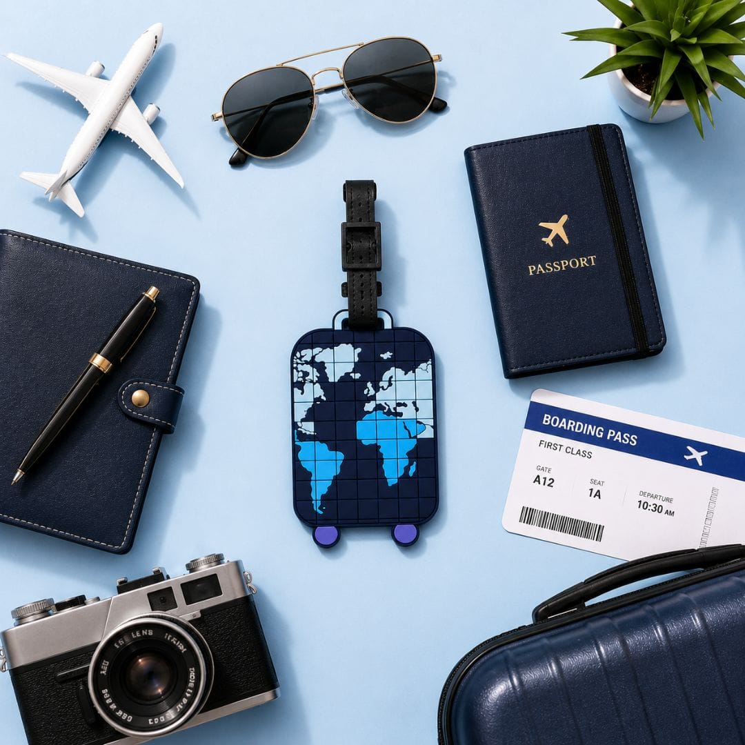 World Map silicone travel luggage tag with adjustable strap and hidden ID card