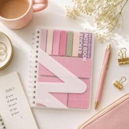 Pink all in one sticky note book with eight colour tabs and multiple sticky pads
