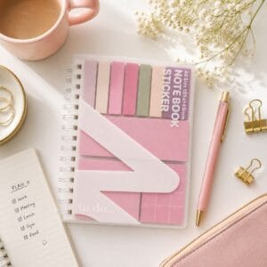 Pink all in one sticky note book with eight colour tabs and multiple sticky pads
