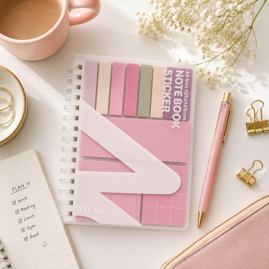 Pink all in one sticky note book with eight colour tabs and multiple sticky pads