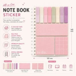 All in One Note Book Sticker with 8 Colour Tabs and Multiple Sticky Pads Pink