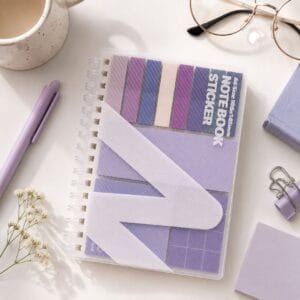 Purple all in one sticky note book with eight colour tabs and multiple sticky pads