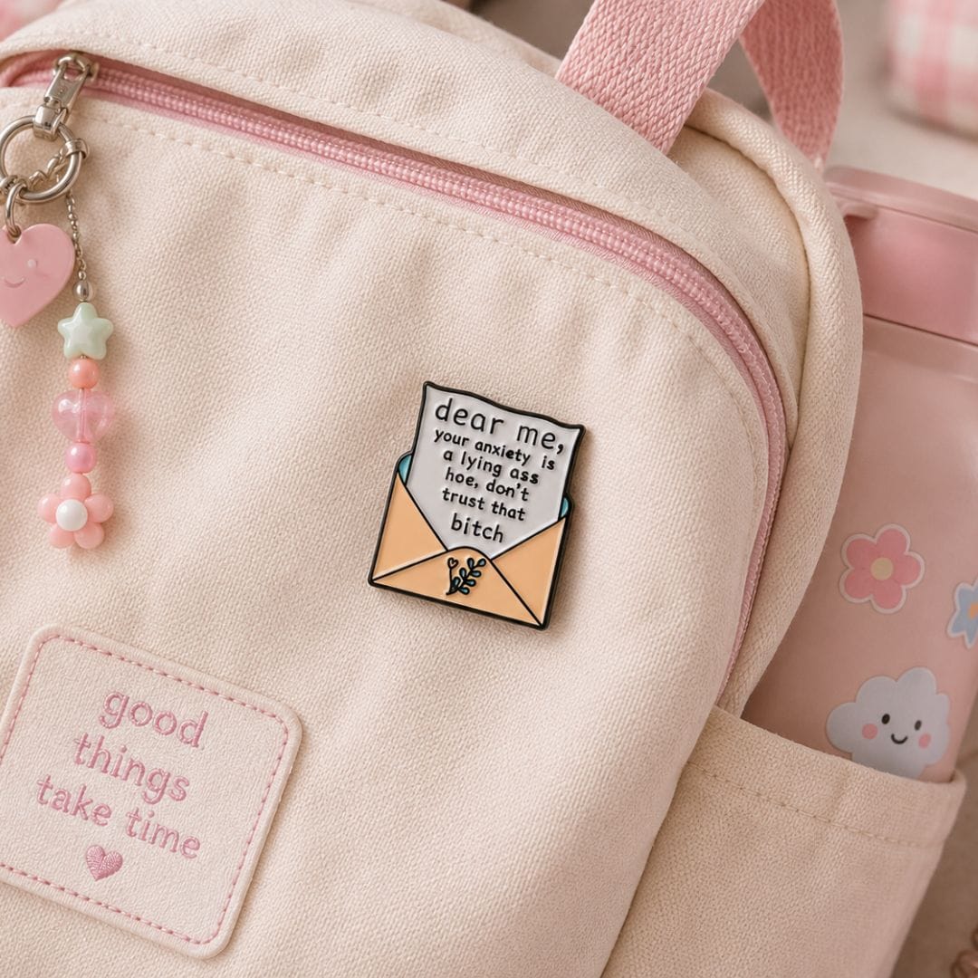 Envelope-shaped motivational enamel pin for backpacks and jackets