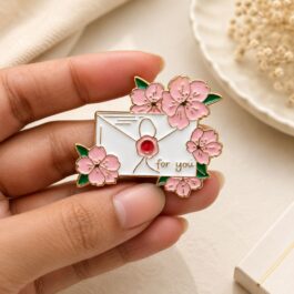 For You floral envelope enamel pin with pink flowers attached to a cream backpack