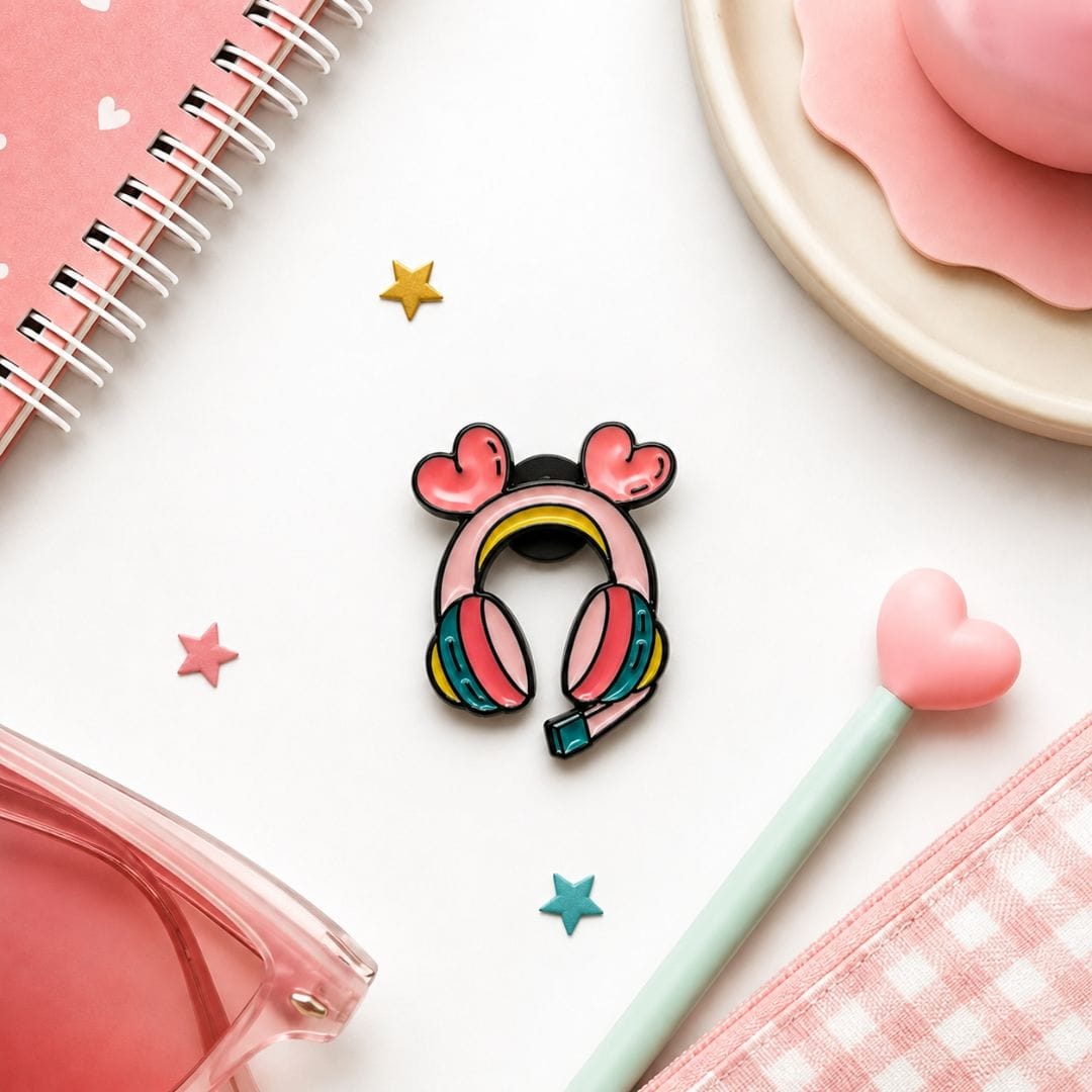 Heart headphones enamel pin with pastel colours and cute design