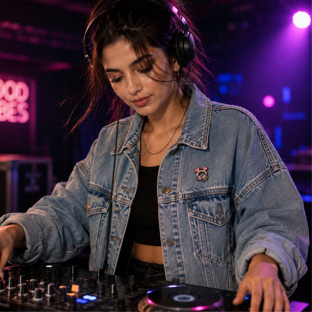 Headphone lapel pin on jacket