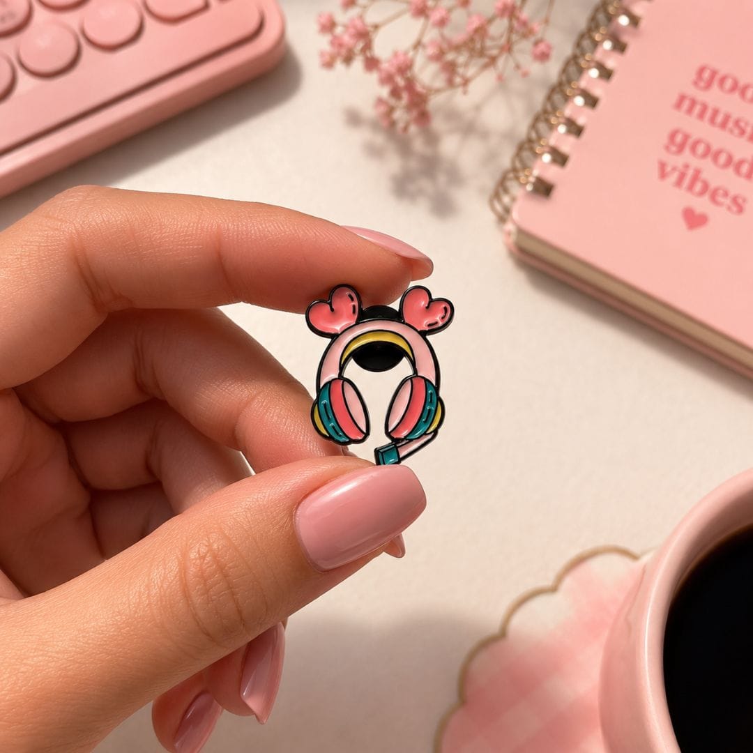 Cute headphone enamel pin on backpack