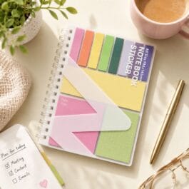 Sticky note sticker book with colourful page flags on spiral bound planner
