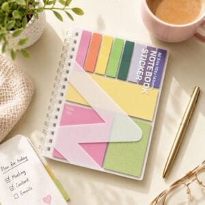 Sticky note sticker book with colourful page flags on spiral bound planner