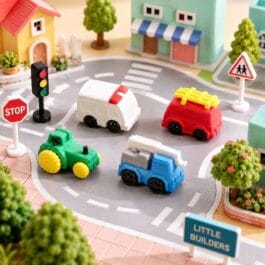 Traffic Vehicle Erasers Set of 4 – Non-PVC Puzzle Rubber Erasers for Kids | Ambulance, Fire Truck, Tractor & Crane
