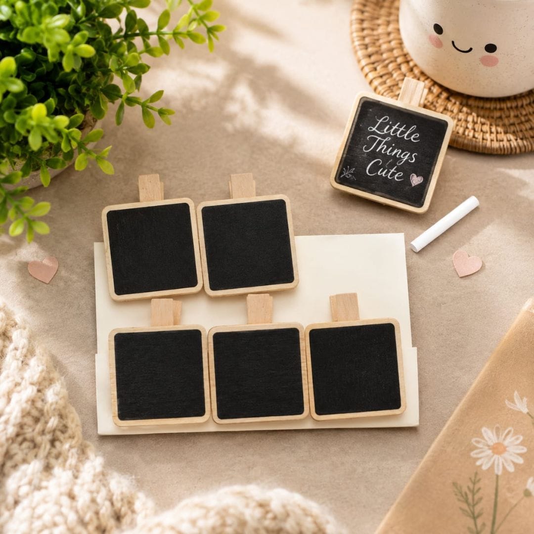 Mini wooden chalkboard clips arranged on a tabletop