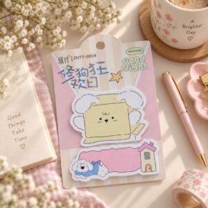 Yellow and pink dog sticky notes styled beside a notebook and pen