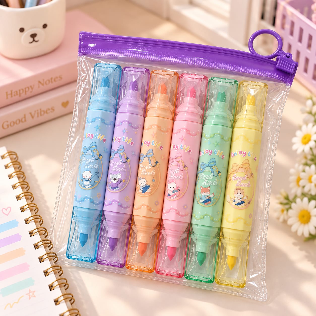 Six colourful dual-ended highlighters inside a transparent zipper pouch