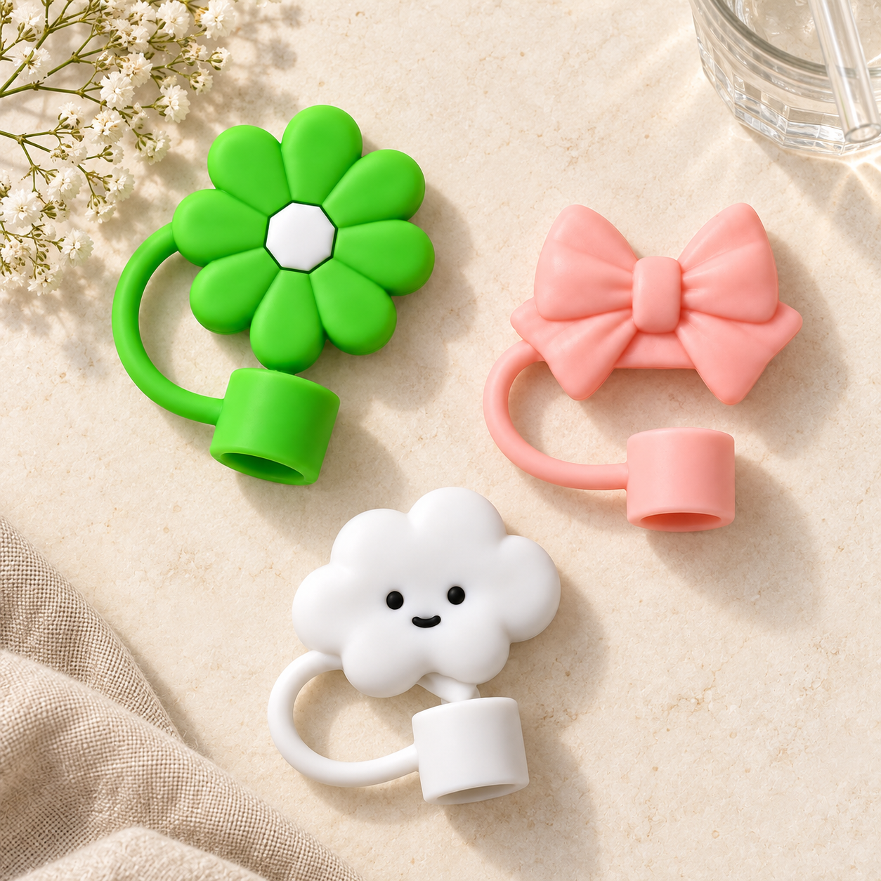 Set of three silicone straw toppers in flower, bow and cloud designs displayed together.