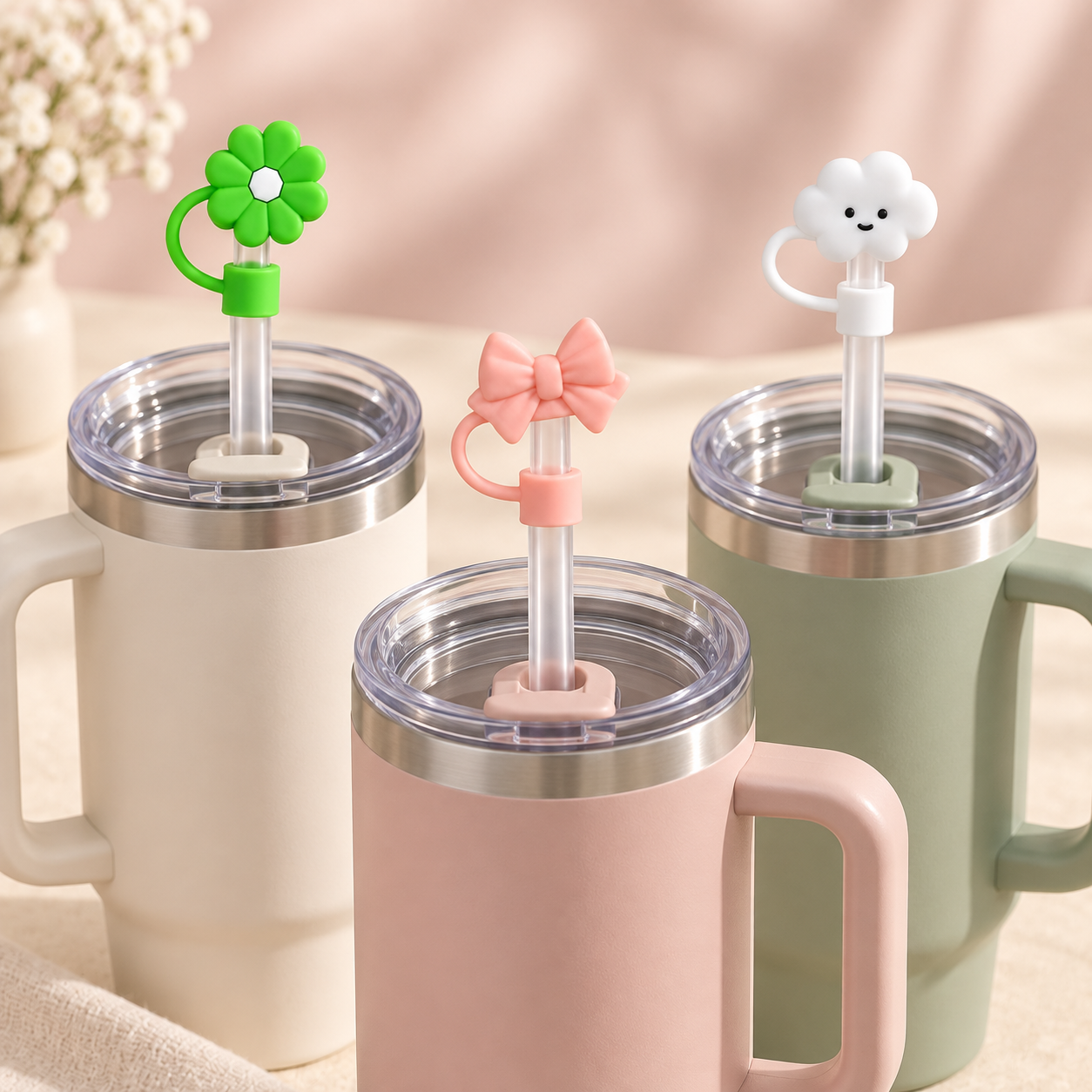Flower, bow and cloud silicone toppers fitted over reusable tumbler straws.