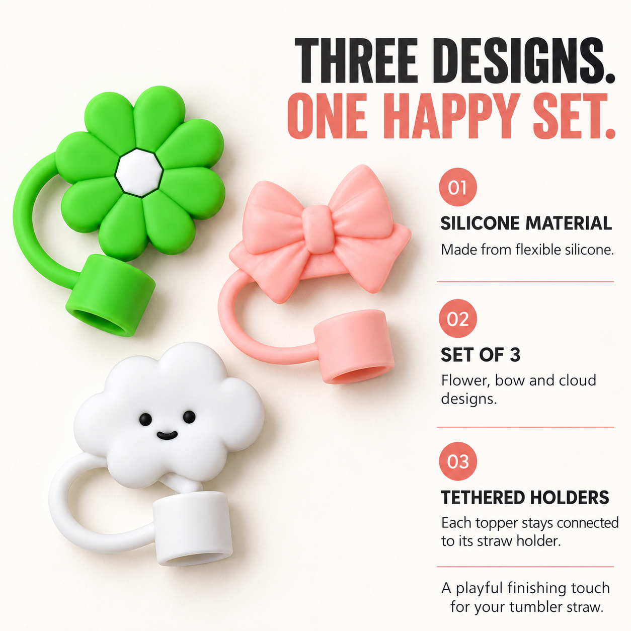 Infographic identifying flower, bow and cloud silicone straw toppers in a set of three.