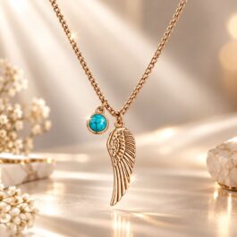 Woman wearing a gold-plated angel-wing necklace with a small turquoise-blue charm