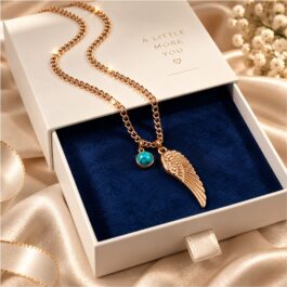 Gold-Plated Angel-Wing Necklace with Blue Stone Charm