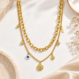 Gold-Plated Layered Evil Eye Charm Necklace