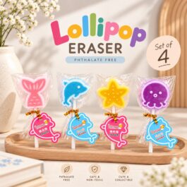 Set of four lollipop erasers featuring mermaid tail, dolphin, starfish and octopus designs