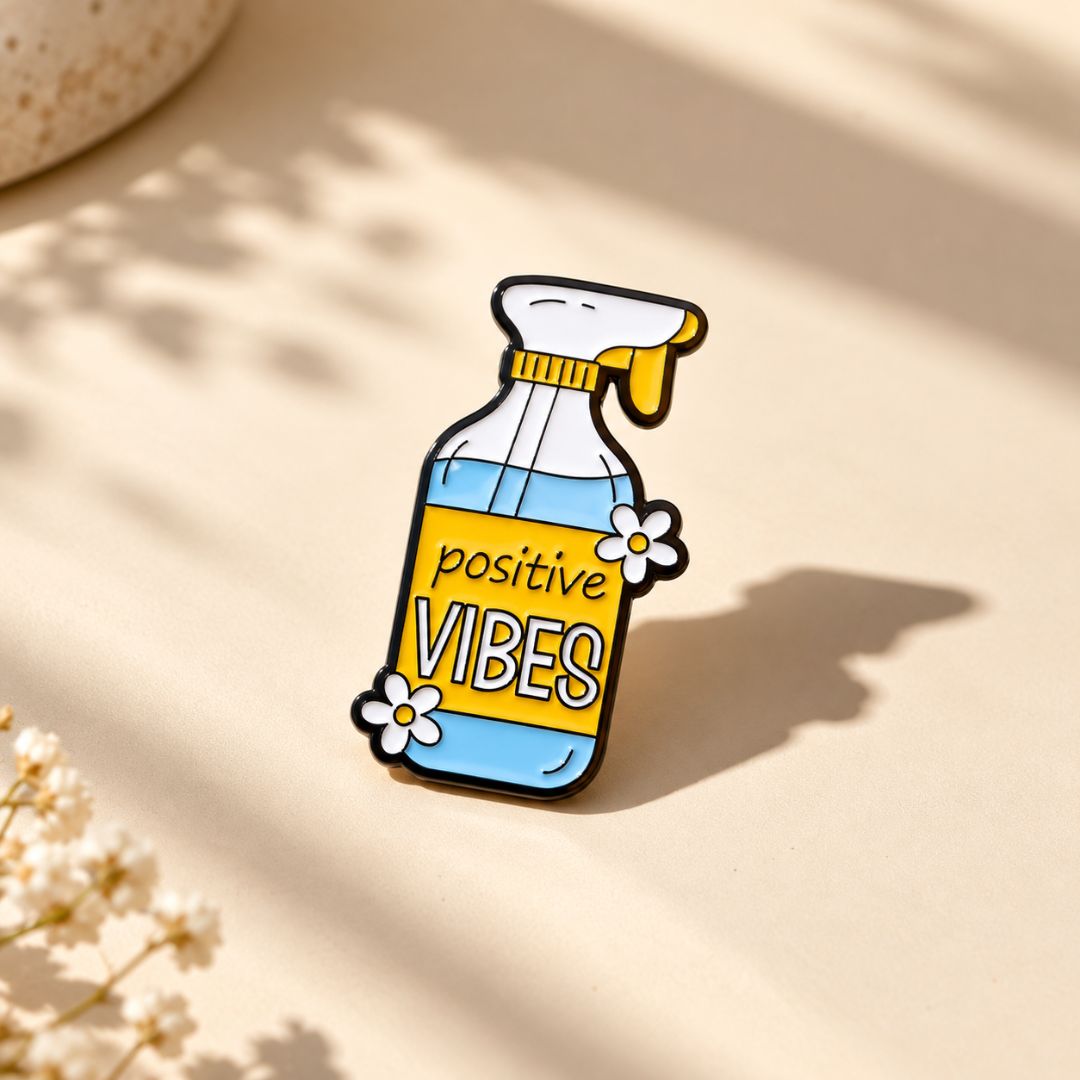 Positive Vibes soft enamel spray-bottle pin displayed on blue denim fabric.