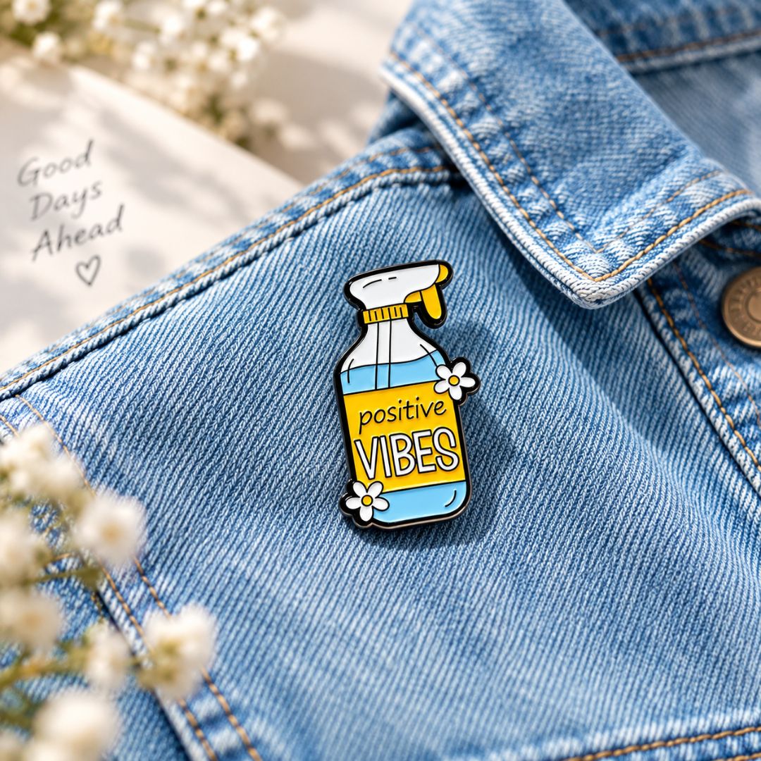 Positive Vibes soft enamel spray-bottle pin displayed on blue denim fabric.